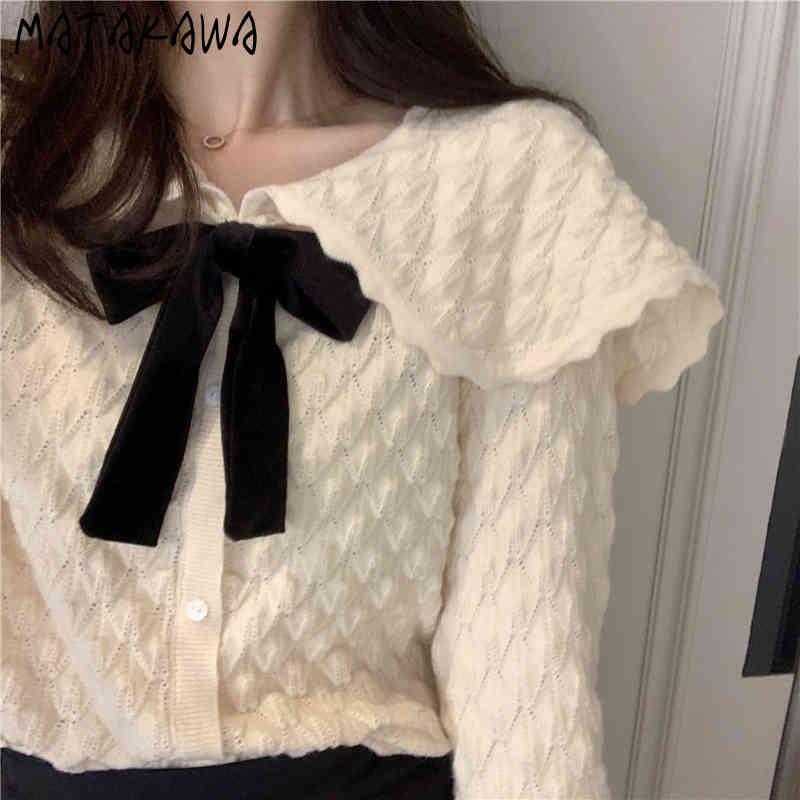 MATAKAWA Knitted Sweater Cardigan Coat Turn-down Collar Sweaters for Women Bow Fashion Retro Japanese Spring Top 210513