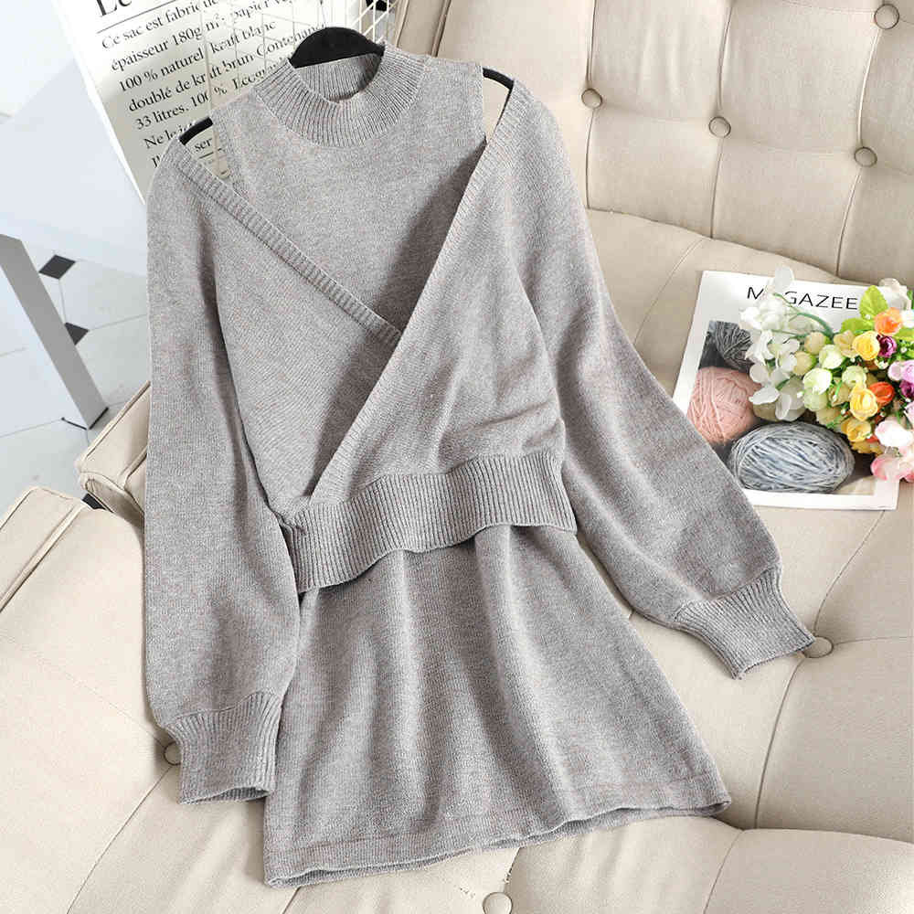 Two Piece Set Women Sleeveless Knitted Bodycon Dress Sexy Cropped Sweater Pullover Lady Casual Korean Style Elegant Suit 210519
