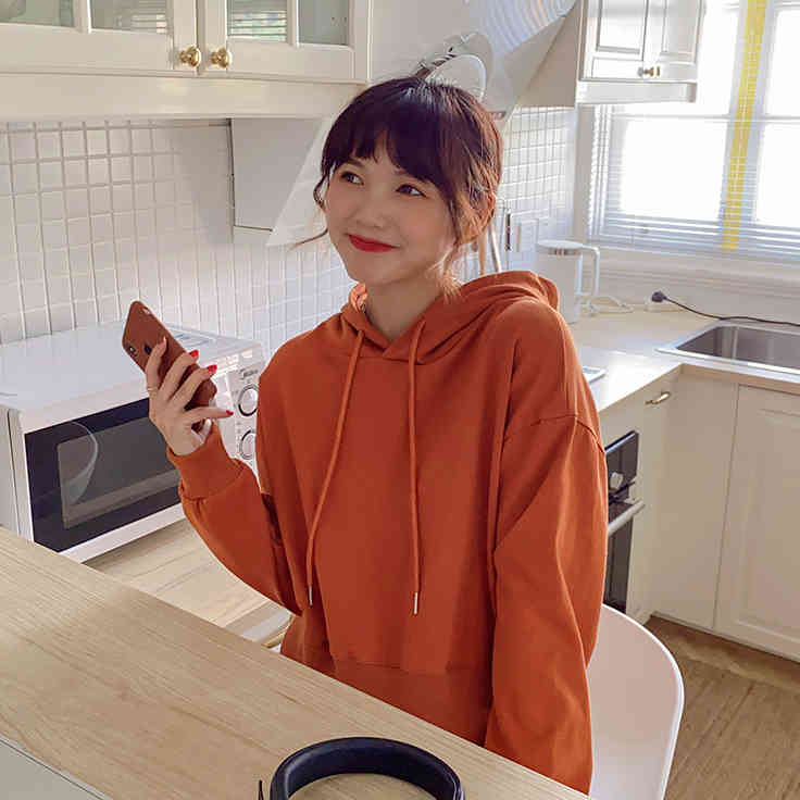 6 colors autumn candy color loose hoodies womens short sweatshirts and pullovers (F4063) 210423