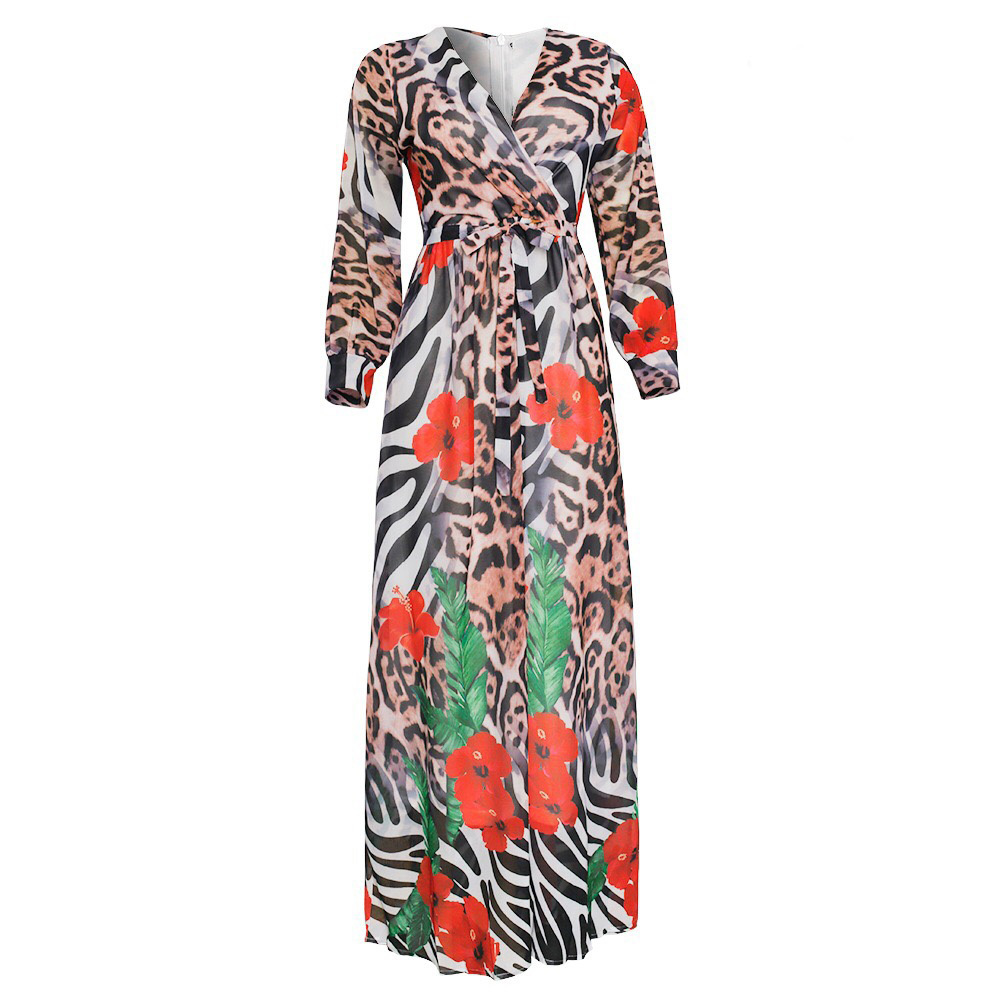 Autumn Chiffon Dress Leopard Print Long Sleeve v Neck Floor Length High Waist Elegant African Evening Party 210510