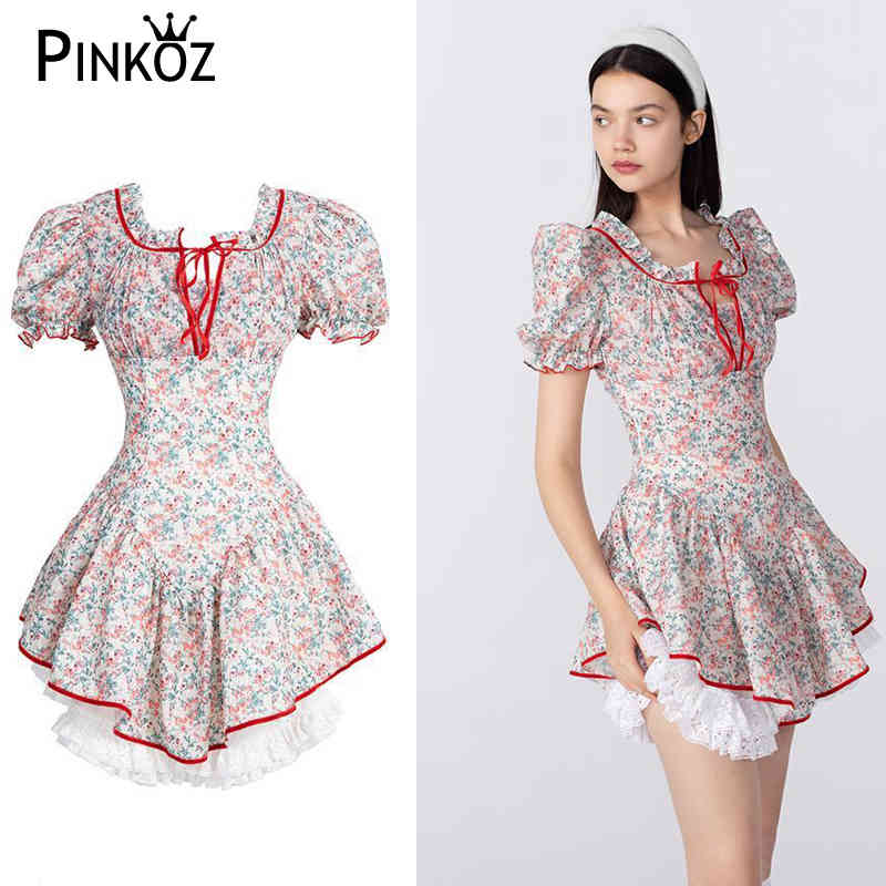 Lolita floral printed Victorian vintage lace up slim sweet cute mini dresses for women young girl 2 pieces vestidos 210421