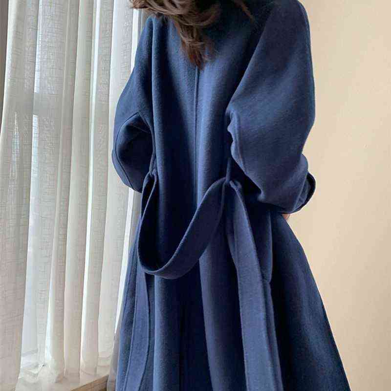 LANMREM Autumn Winter Women Woolen Coat Warm Long Length Double Breasted Navy Blue Coats Female Elegant Outerwear 2C533 211130