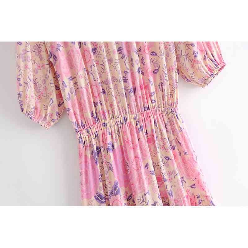 Spring Bohemia Tassel Lacing up Collar Pink Flower Print Dress BOHO Woman Adjust Waist Maxi Long Holiday Dresses Beach 210429