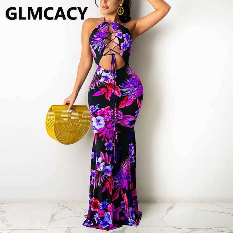 Women Halter Floral Printed Backless Sexy & Club Maxi Dress 210702