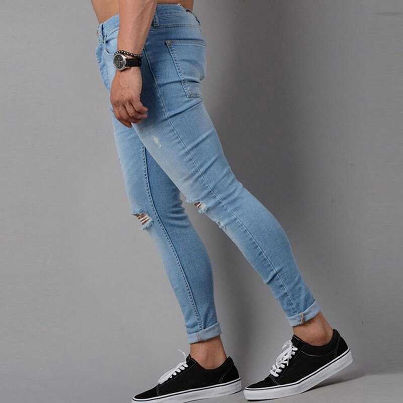 NIBESSER Fashion Casual Mens Skinny Stretch Denim Pants Distressed Ripped Freyed Slim Fit Jeans Trousers For Male Pants 211011