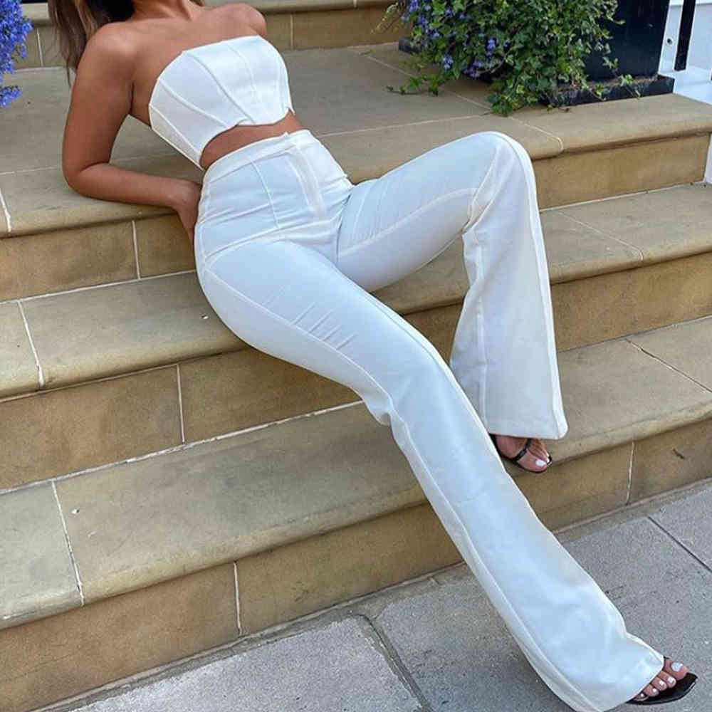 Summer Women White 2 Two Pieces Sets Sexy Sleeveless Tops& Full Pants Club Celebrity Runway Party Casual 210423