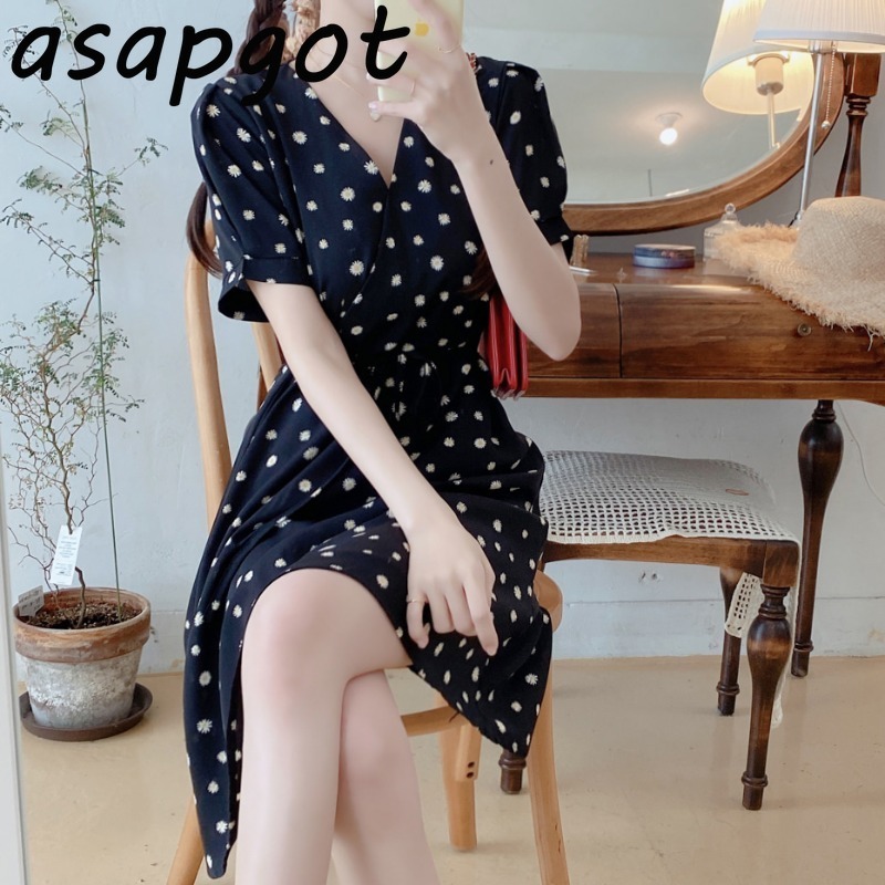 Lace Up Waist Slim V Neck Short Sleeve Floral Black White Dots Chiffon Dress Women Mini Clothes Summer Retro Vestido Sweet 210429