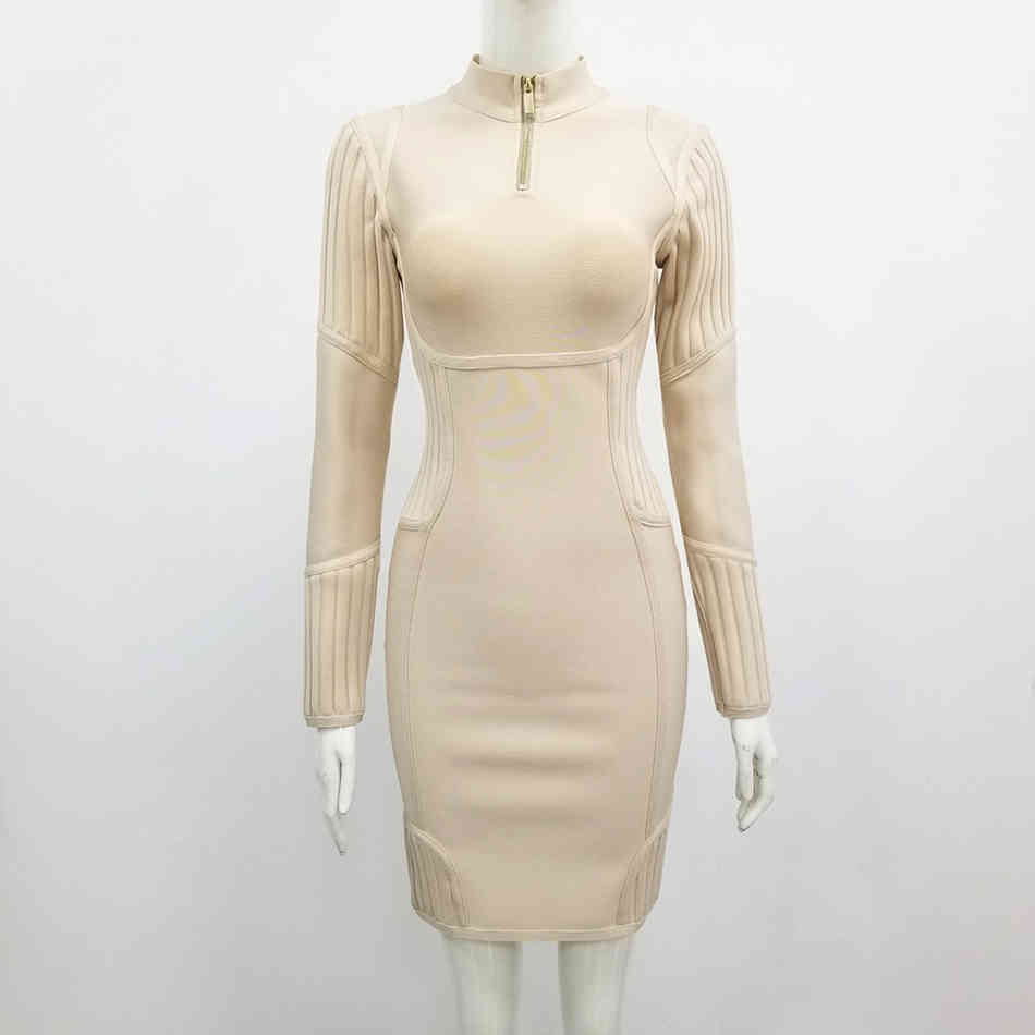 Free Women Bodycon Bandage Dress Sexy Zipper Stand Collar Long Sleeve Mini Celebrity Club Party Vestidos 210524