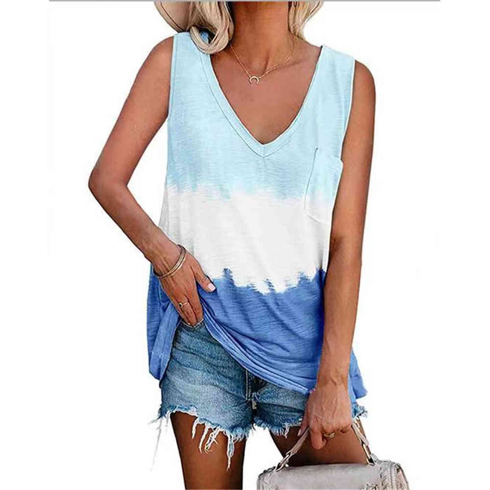 Summer Tie-dye Vest Women Casual V Neck Sleeveless Printed With Pocket Top Ladies Daily Loose Tank Tops Female Fashion Waistcoat 210522