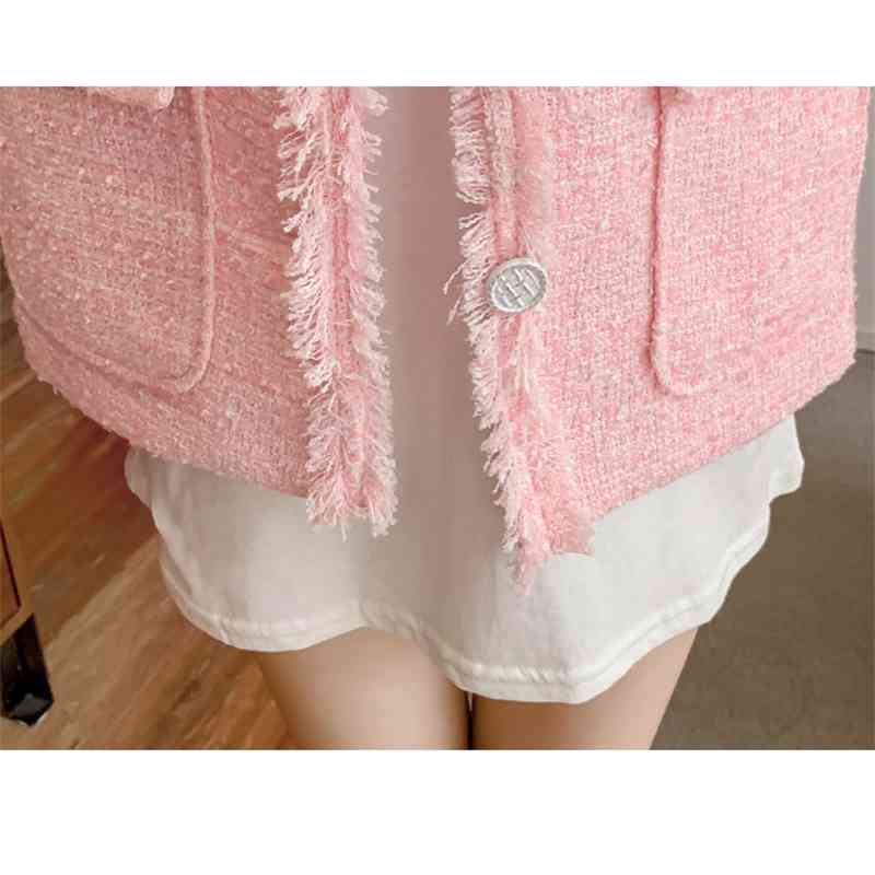 Spring Pink Tweed Vest Women's Fashion Cardigan Retro Solid Sleeveless Single Breasted Casual Tassel Coat 210519