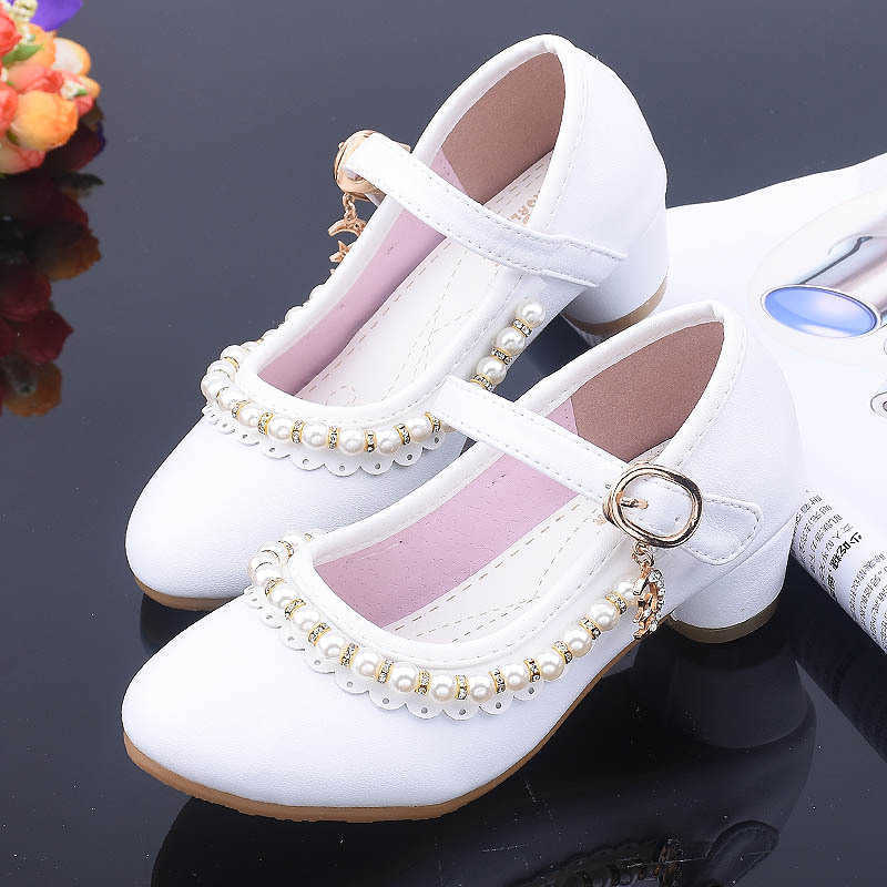 High Heels Kid Shoes Beading White Leather Girls Party Shoes Princess Dress Shoe Big Children Wedding Shoe 3 4 5 6 7 8 9 10 1112 Y0809