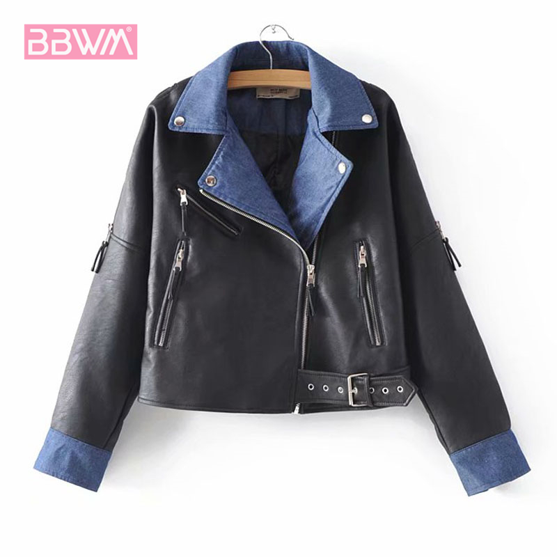 Women's Stylish PU Leather Jacket: Long Sleeve Windproof Black Denim Ing Hem Coat