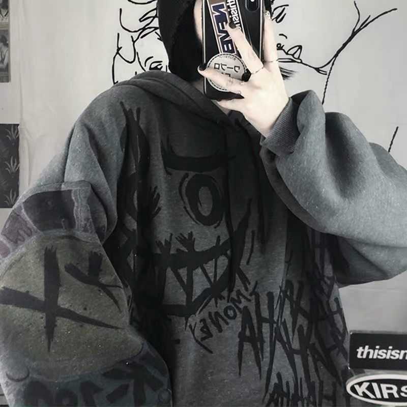 FERNAN Goth Sweatshirts Women Grunge Japan Style Anime Hip Hop Hoodie Oversized Punk Female Tops Long Sleeve Gothic Alt Clothes 210830