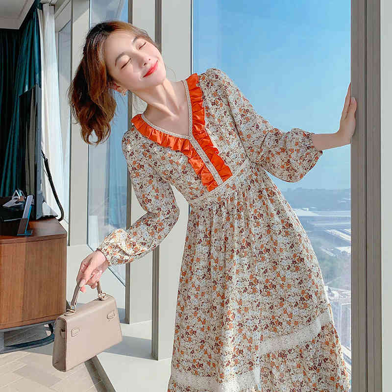 Elegant Ruffle V-Neck Floral Printed Party Dress Female Vintage Spring Fashion High Waist Chic Midi Vestido 210519