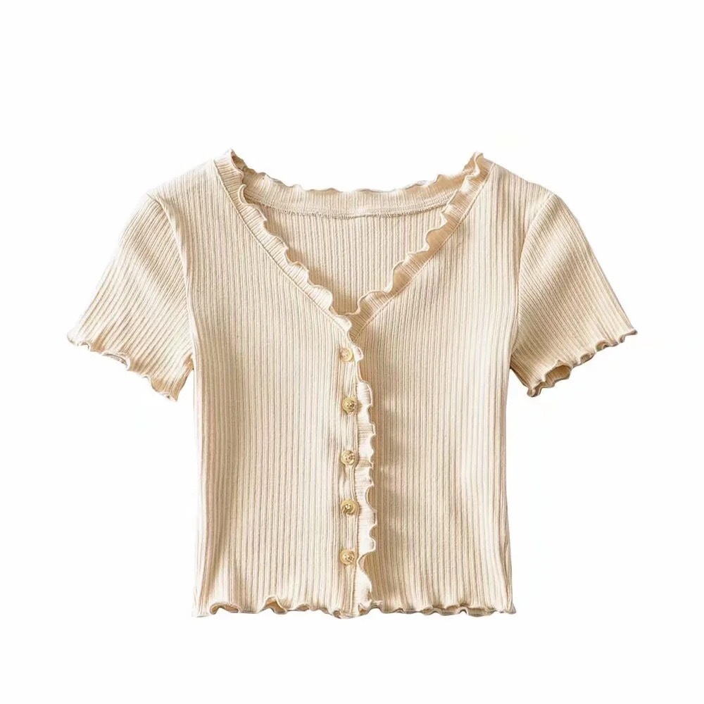70's Vintage Rib Knit Wood ears V neck Short Sleeve Tee Base T-shirts Summer Single-breasted Button T-shirt crop top 210429
