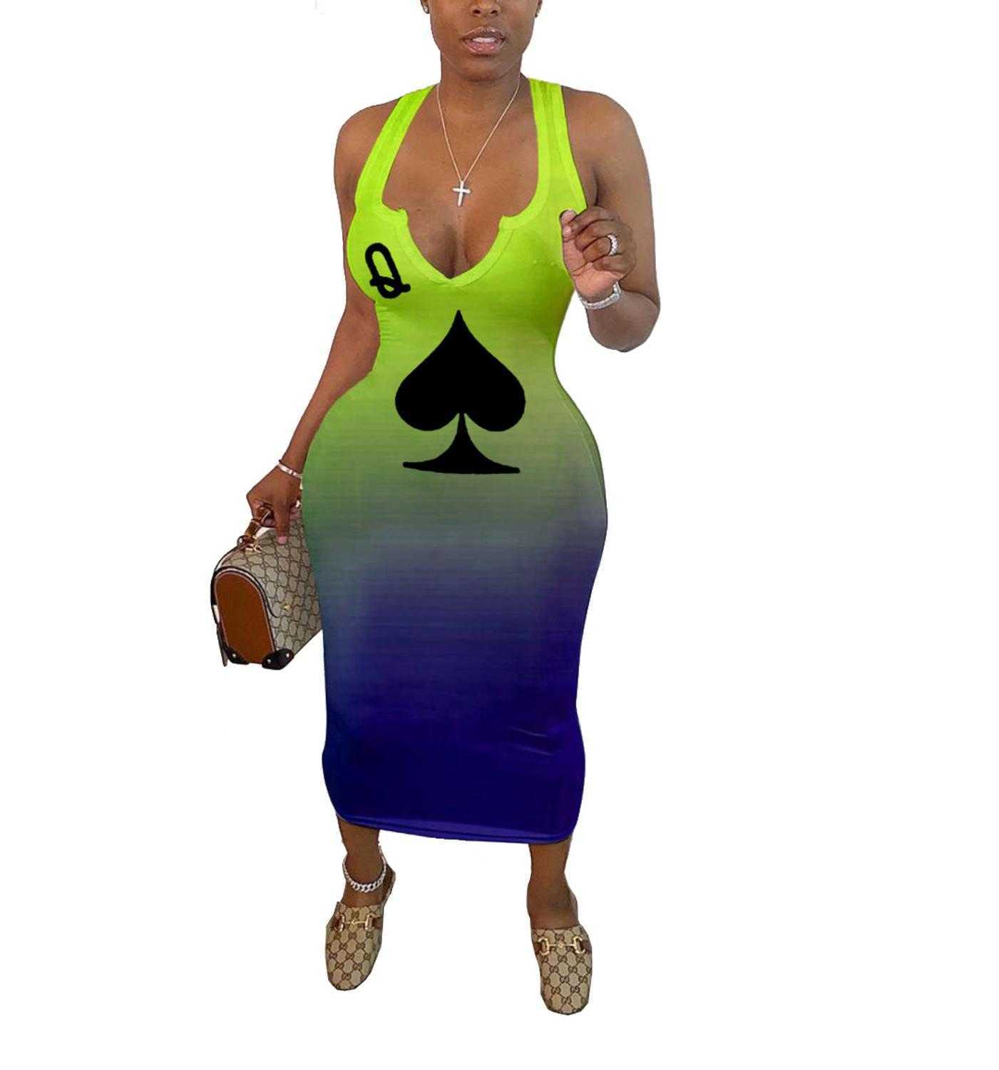CM.YAYA summer women black queen poker card sleeveless v-neck tank bodycon midi mid-calf dress club sexy party pencil dresses 210623