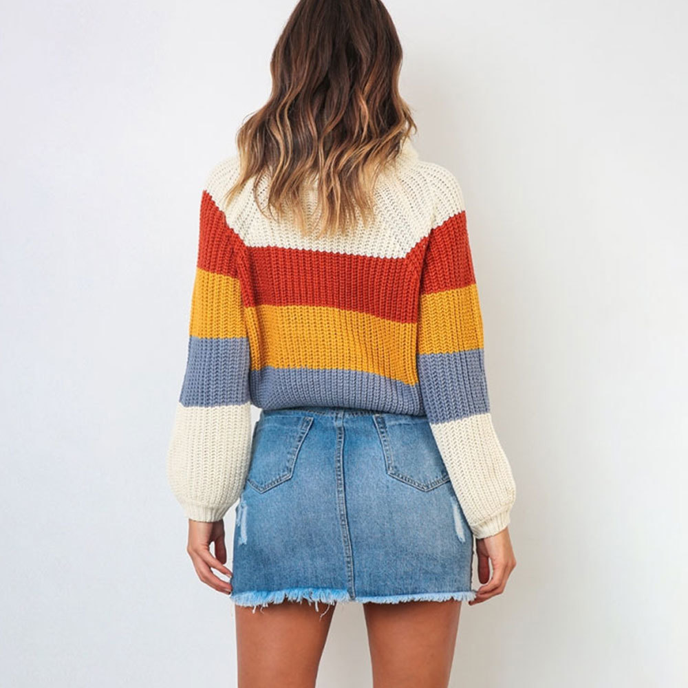 Rainbow Sweater Autumn Winter Batwing Sleeve Turtleneck Knitted Striped Patchwork Pullovers Korean Harajuku Jumper Tops 210428