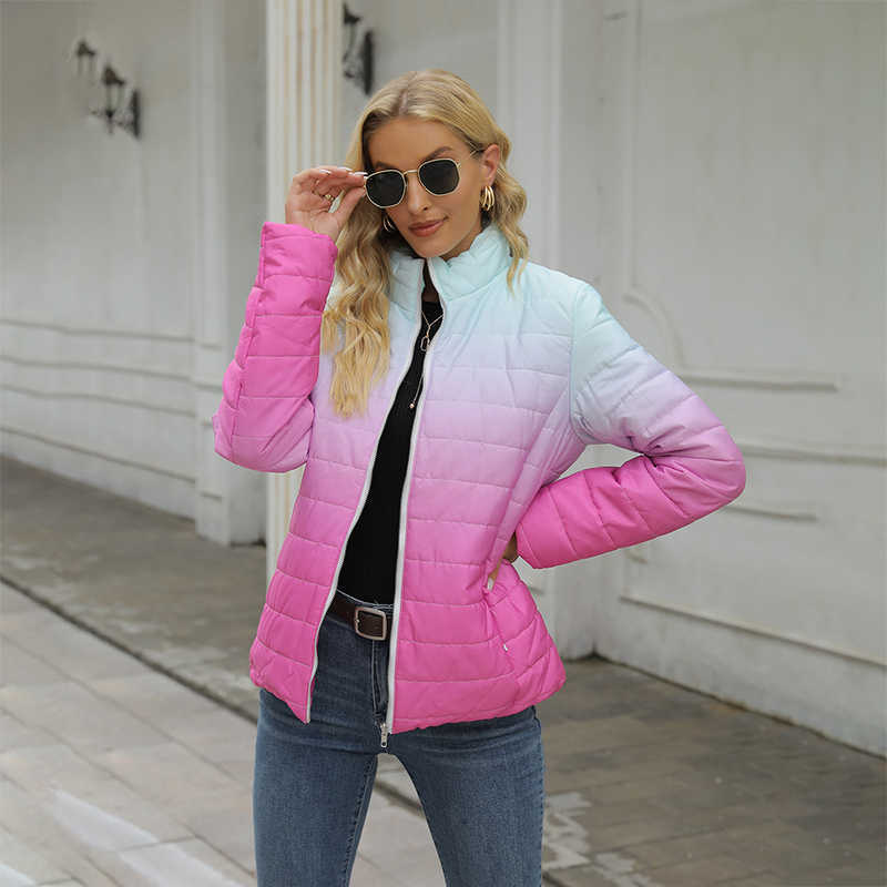 Fashion Women Winter Zipper Jacket Casual Slim Warm Padded Coat Elegant Long Sleeve White Gradient Streetwear Jackets 211013