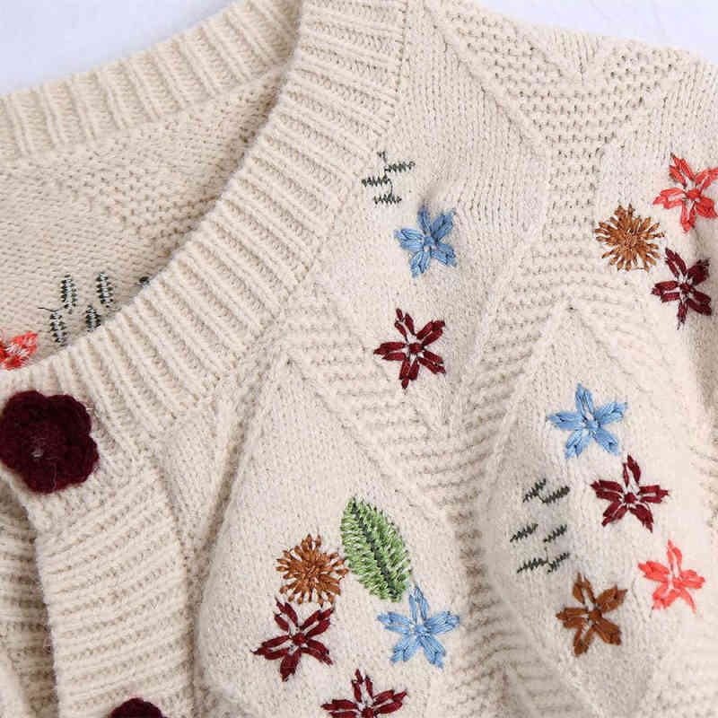 Vintage Woman Beige Oversized Embroidery Knitted Cardigan Autumn Sweet Ladies Soft Sweaters Female Fashion Loose Knitwear 210515