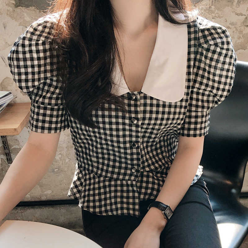 Korejpaa Women Blouses Korean Style Chic Summer Temperament Black White Plaid Short Bubble Sleeve Shirt Femme Blusas Mujer 210526