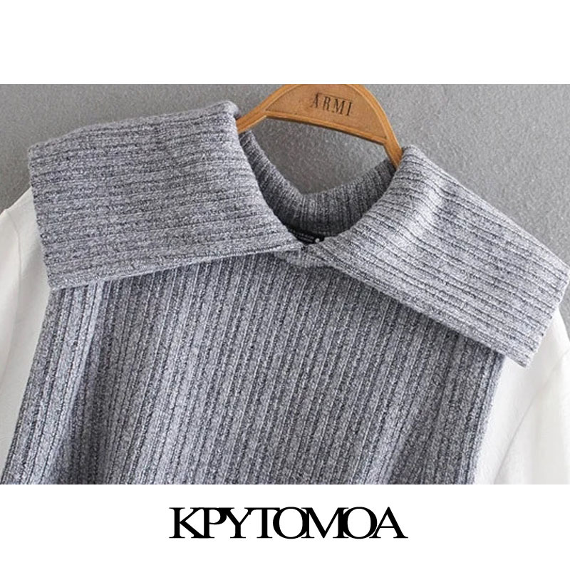KPYTOMOA Women Fashion With Bow Tied Patchwork Loose Blouses Vintage Long Sleeve Elastic Trim Female Shirts Chic Tops 210317