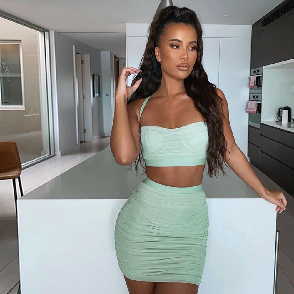 Summer Women Green Mesh 2 Two Pieces Sets Spaghetti Strap Sleeveless Tops& Mini Skirts Celebrity Runway Party Set 210423