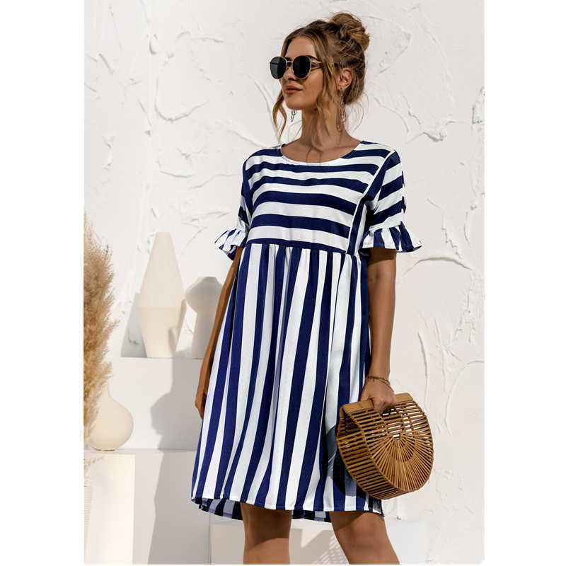 Leosoxs Summer Fashion O Neck Women's Dress Casual Loose Solid Short Sleeve Ruffle Patchwork Pocket Ladies Stripe 210623