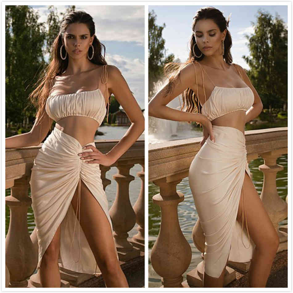 Free Ladies Summer Midi Skirt Set Sexy Spaghetti Strap Short Vest Top & Draped Lace-Up Party Two-Piece 210524