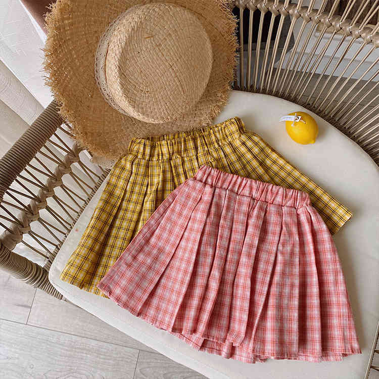 Summer cute girls fashion plaid pleated skirts kids cotton 2 colors skirt 210508