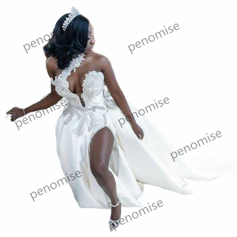 Plus African Size Wedding Dresses Lace Applique Mermaid Bridal Gowns with Detachable Train Customise Satin Vestido De Novia 2022