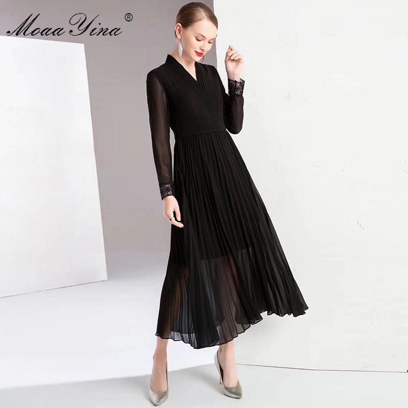 Fashion Runway dress Spring Summer Women's Dress V-neck Long sleeve Solid color Elegant Pleated Dresses 210524