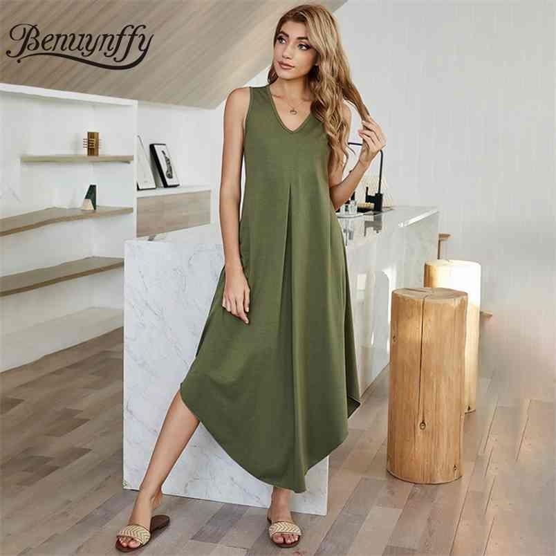 V-neck Sleeveless Asymmetrical Home Casual Dresses Summer Women Solid High Waist Loose Split Hem Long Dress 210510