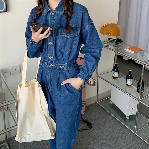Fashion Streetwear Denim Overalls Women Autumn Long Sleeve Bodysuit High Waist Jeans Bodycon Rompers Belt Wide Leg Jumpsuit 210519