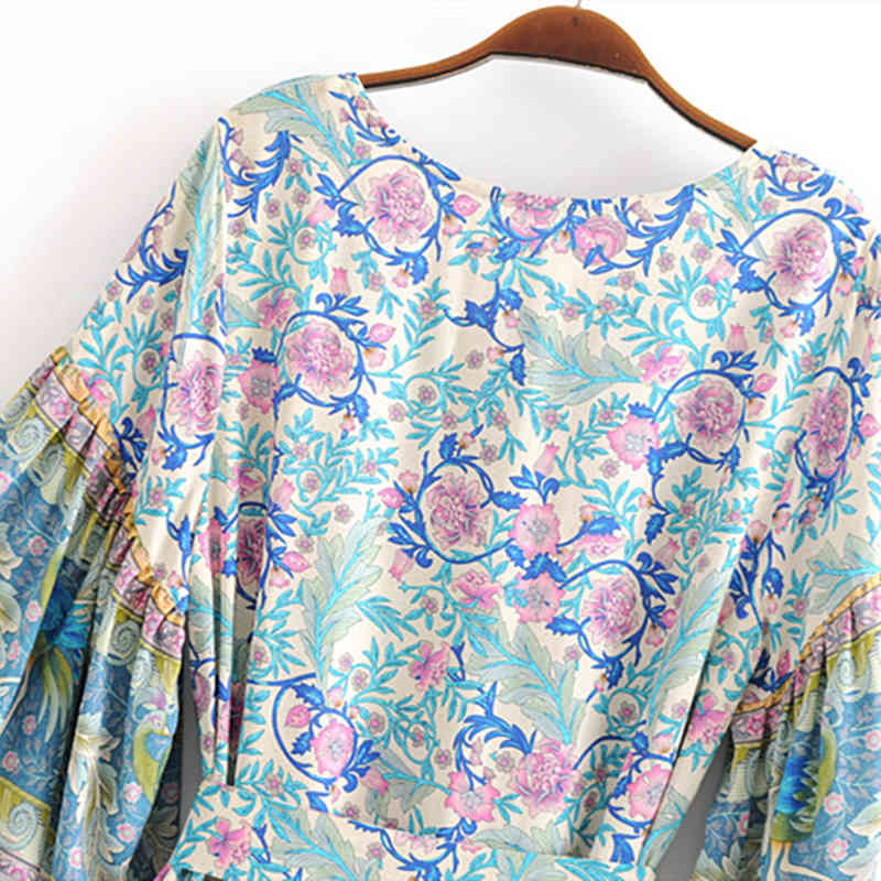 beauty Boho Floral Print Women's Midi Dress Holiday Sashes Flare Sleeve Mini Dresses Female Beautiful Beachwear 210514