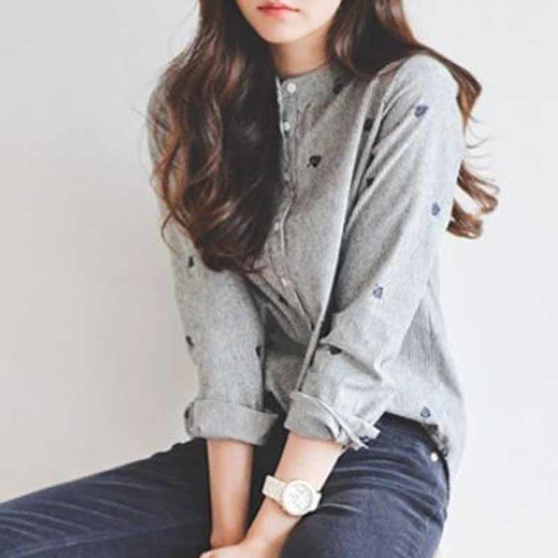 Fashion Grey Striped Women Long Sleeve Leaf Embroidery Blouse Shirt Women's Clothing Office Lady's Tops Blusas 335F 30 210518