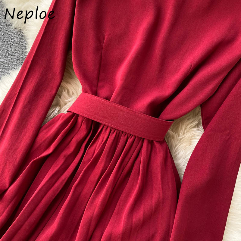 Neploe Vintage Court Style Temperament Dress Women High Waist Hip Sashes Vestidos Turn Down Collar Long Sleeve Robe Red Dresses 210422