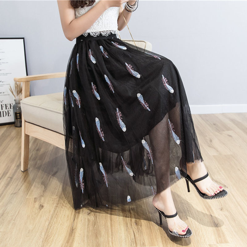 Spring and Summer Elegant Sweat Fairy Tulle Tutu Skirt Black Midi-skirt Korean Lace Embroidery Feathers Skirts 9588 210427