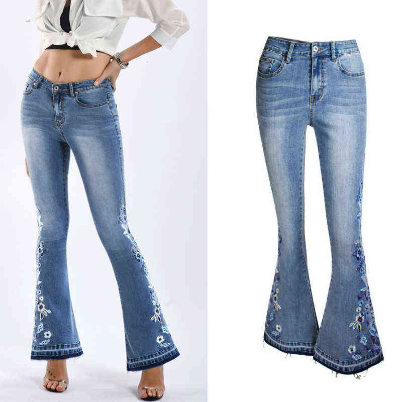 LOGAMI flower Embroidery skinny jeans woman vintage flare denim pants womens 211129