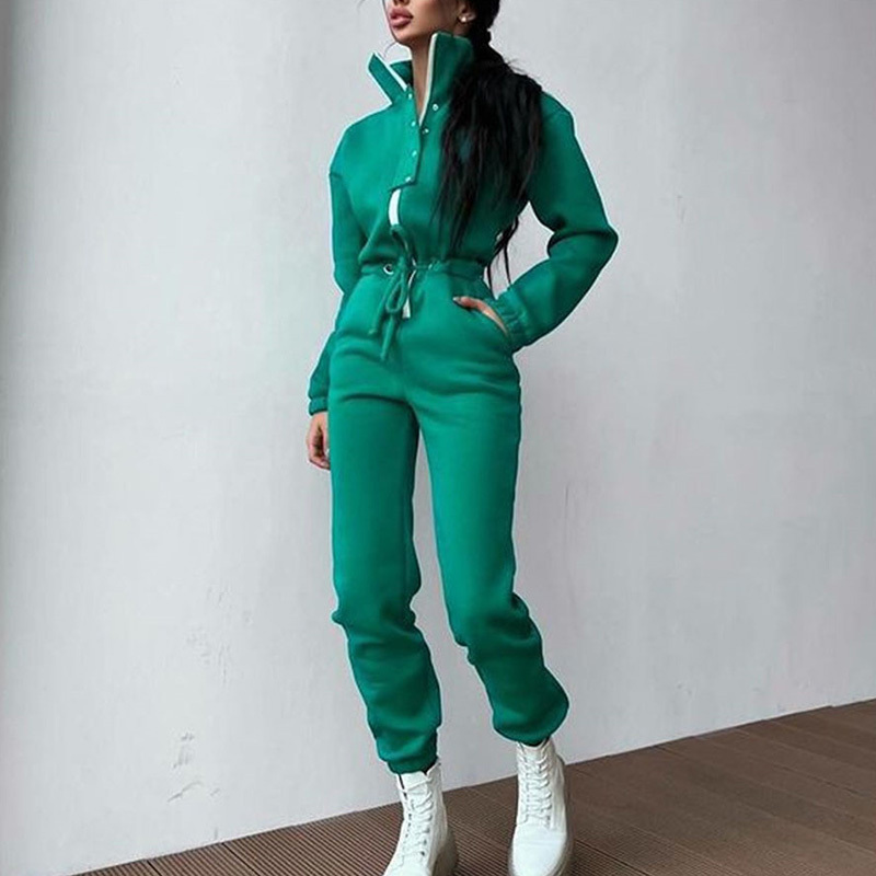 Women Stand Collar Jumpsuit Autumn Winter Female Zipper Single Breasted Suit Solid Loose Drawstring Rompers Tracksuits 220315