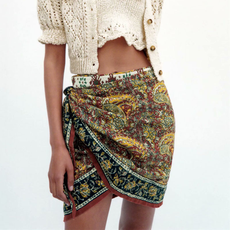Summer Ethnic Style Bowknot Decorated Retro Print High-waist Women's Skirt Sexy Mini Chic Female Skirt 210507