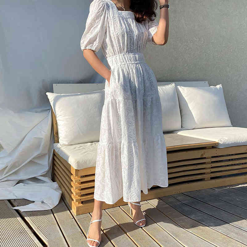 Nomikuma Korean Chic Slim Waist Woman Dress Puff Short Sleeve Square Collar Dresses Fashion Elegant A-line Vestidos Femme 6G343 210427