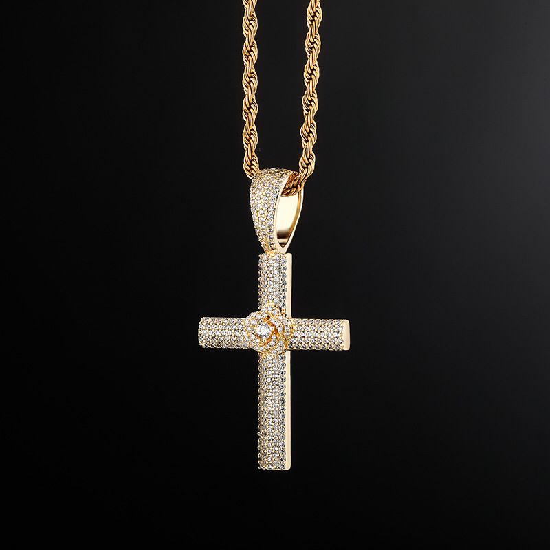 Hip Hop Rose Cross Pendant Necklace Shining Bling Zirconia For Men Women Gift with Twisted Rope Chain