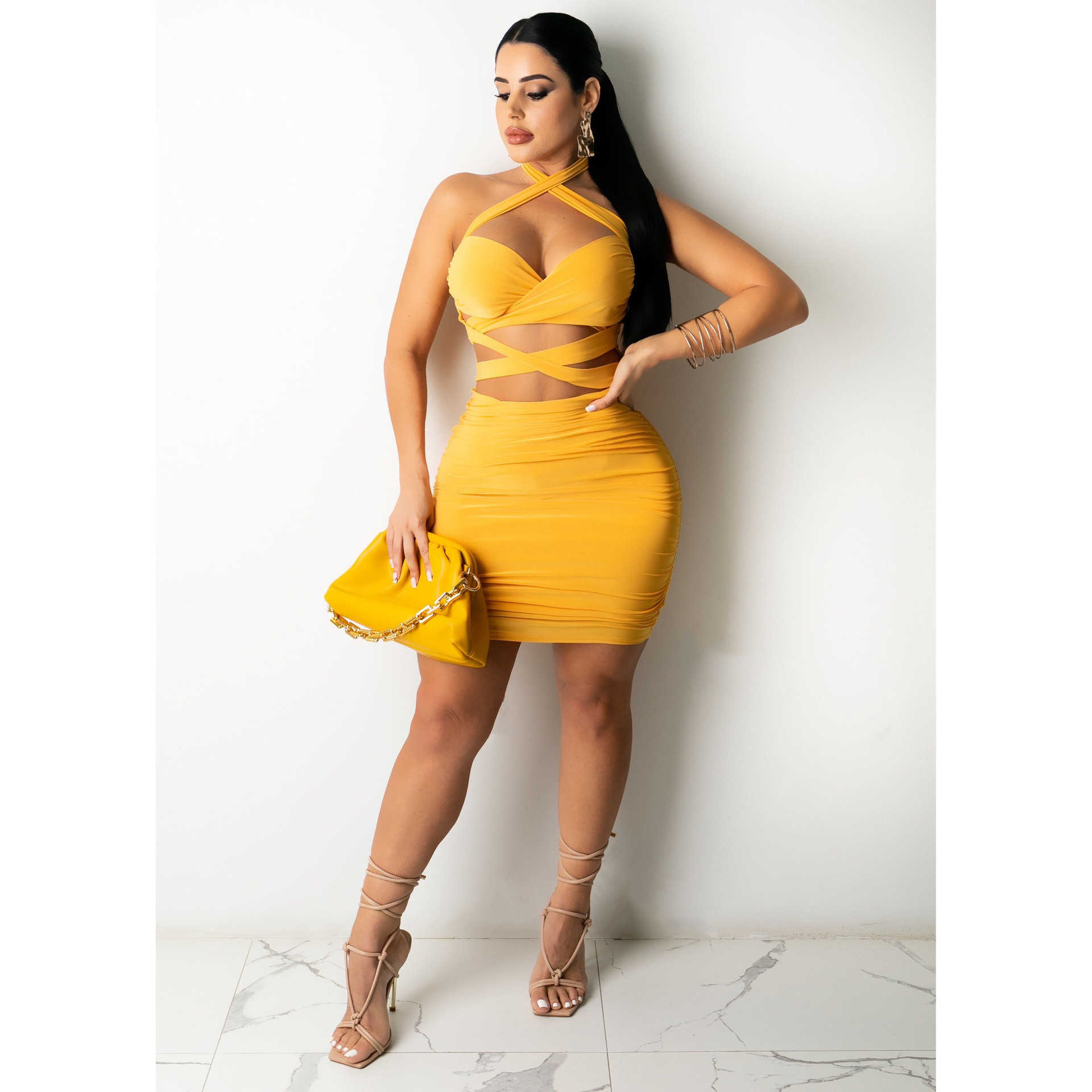 Women Halter Backless Bodycon Pleated Mini Dress 210702