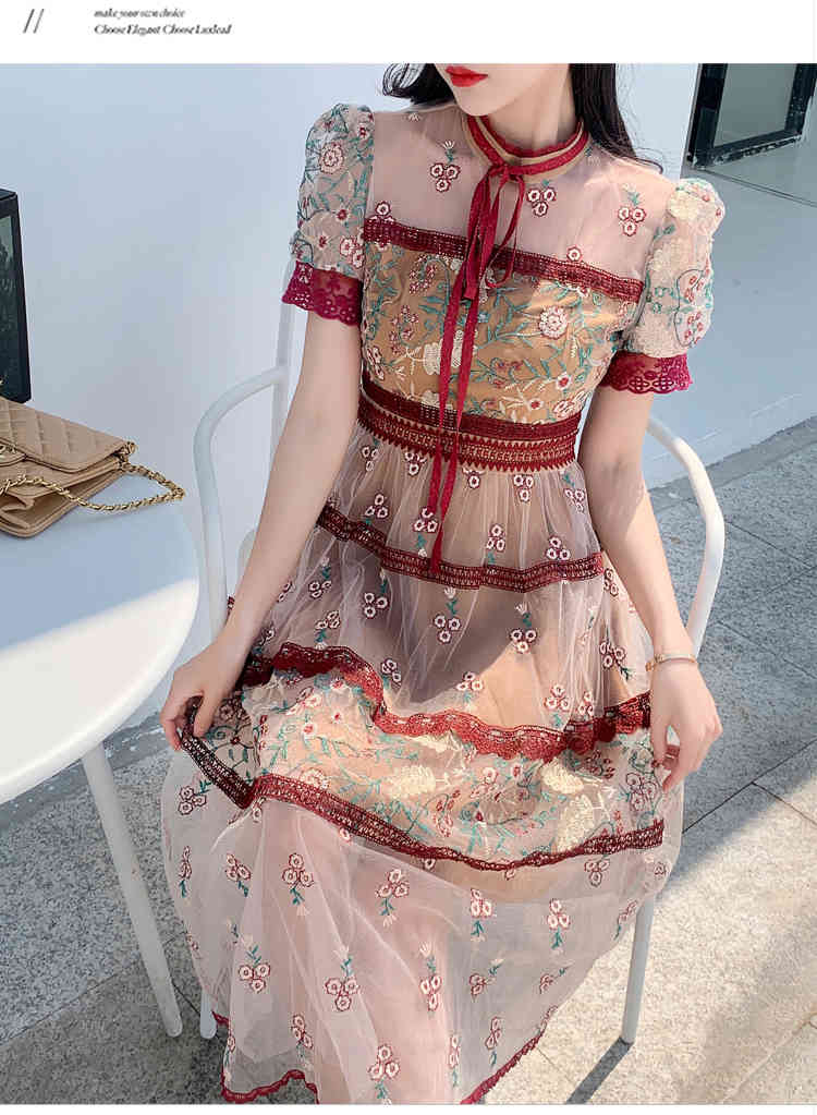 Summer Flower Embroidery Mesh Dress Women Short Sleeve O-Neck Bow Vintage Female High Waist Slim Party Robe Vestidos 210519