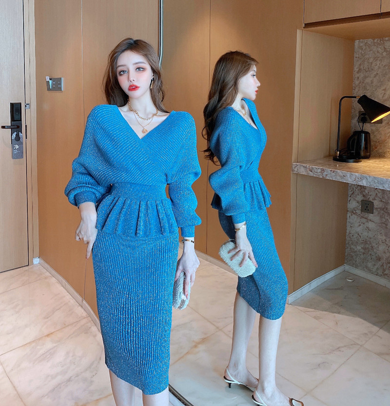 Autumn Winter Women Two Piece Set Shinning Knitted Bat Sleeve Sweater + High Waist Bodycon Skirt Suits 210520