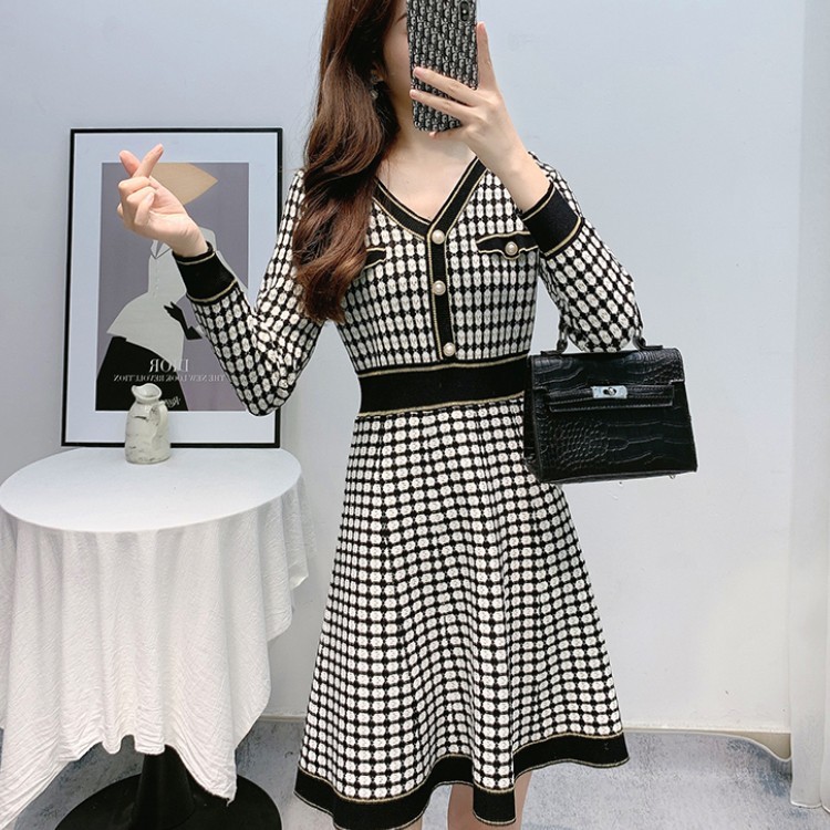 Autumn Women Korean Fashion Sexy V-Neck Long Sleeve Plaid Knitted Sweater Casual Slim Dresses Vestidos 210518