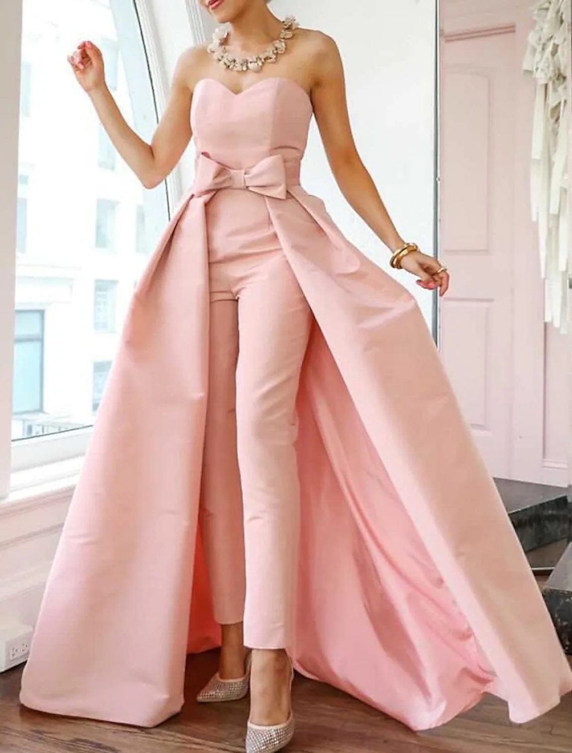 Pink Jumpsuits Beautiful Back Sexy Engagement Formal Evening Dress Sweetheart Sleeveless Detachable Bow Train Prom Formal Gown Robes De Soirée Vestido