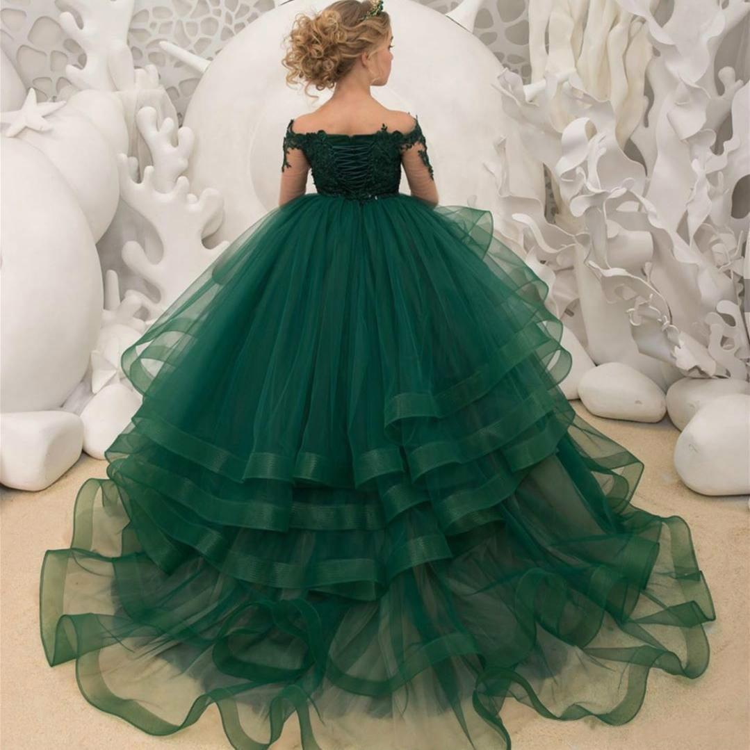 Dark Green Lace wer Girl Dresses Long Sleeves Beaded Ball Gown Sheer Neck Tulle Lilttle Kids Birthday Pageant Weddding Gowns ZJ598