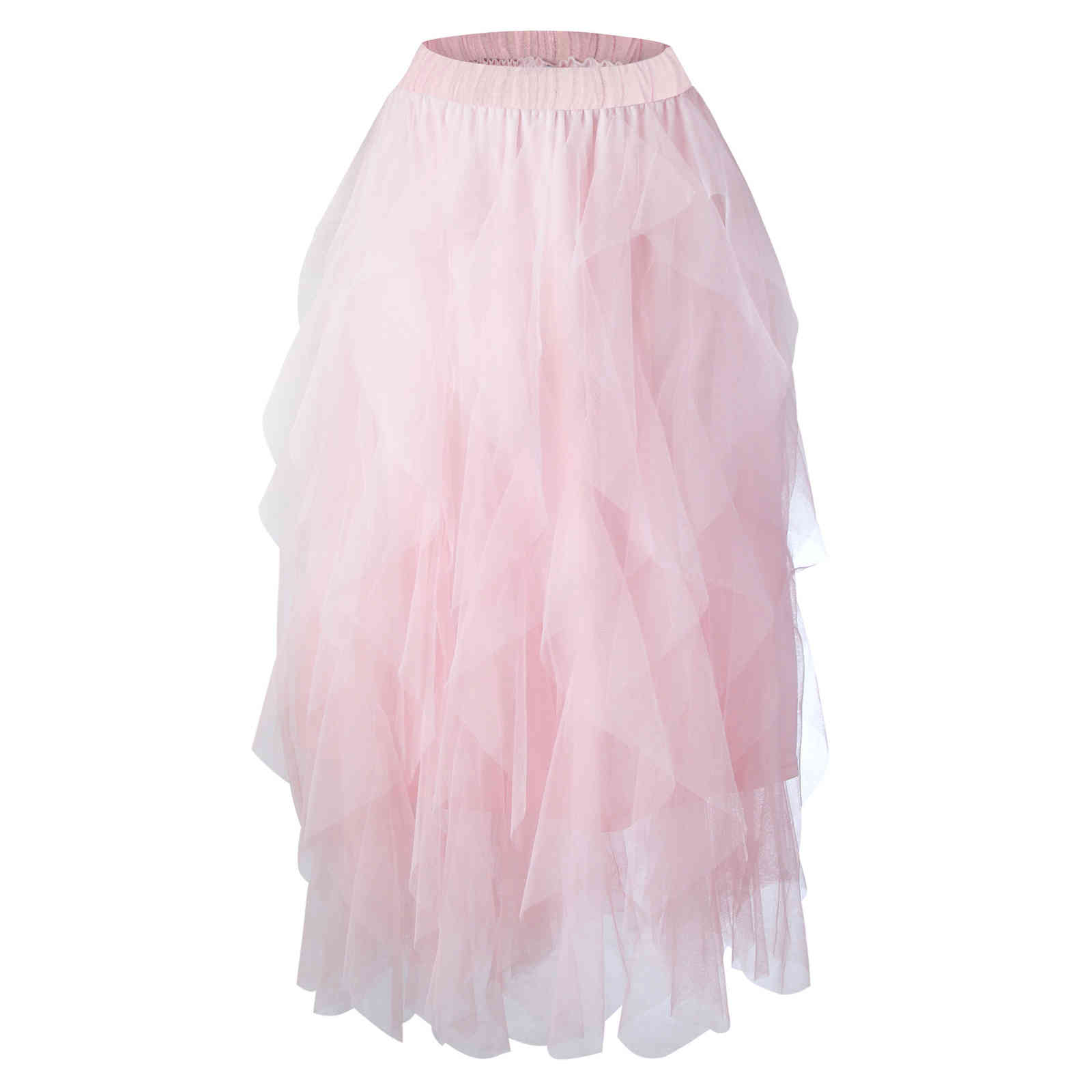 Irregular Hem Tulle Skirts Women Summer Fashion Elastic High Waist Mesh Midi Skirt Female Pleated Long Skirt Casual Party Skirts 210507