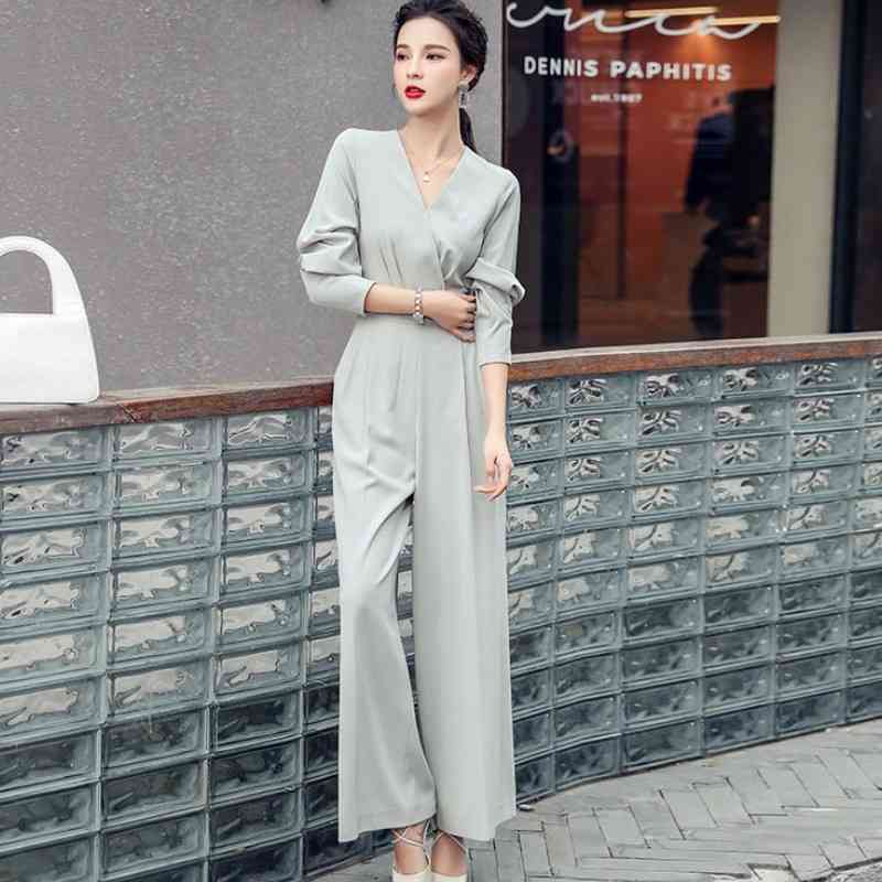 Spring Women Fashion Office OL Vintage V Neck Long Sleeve Female Solid High Waist Wide Leg Jumpsuits Rompers 210519